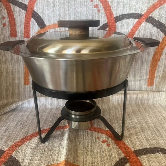 Mid-Century Danish Chafing Dish With Stand & Teak Handles Fondue - Picture 2 of 9
